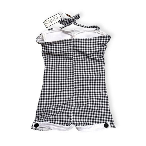 Retro Stage Gingham One Piece Swimsuit Womens Medium Black White Ruched NWT - Picture 2 of 4